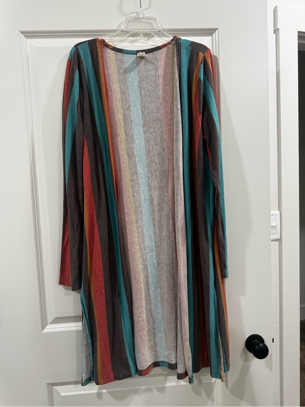 Sew In Love Striped Open Cardigan in Teal, Rust & Brown